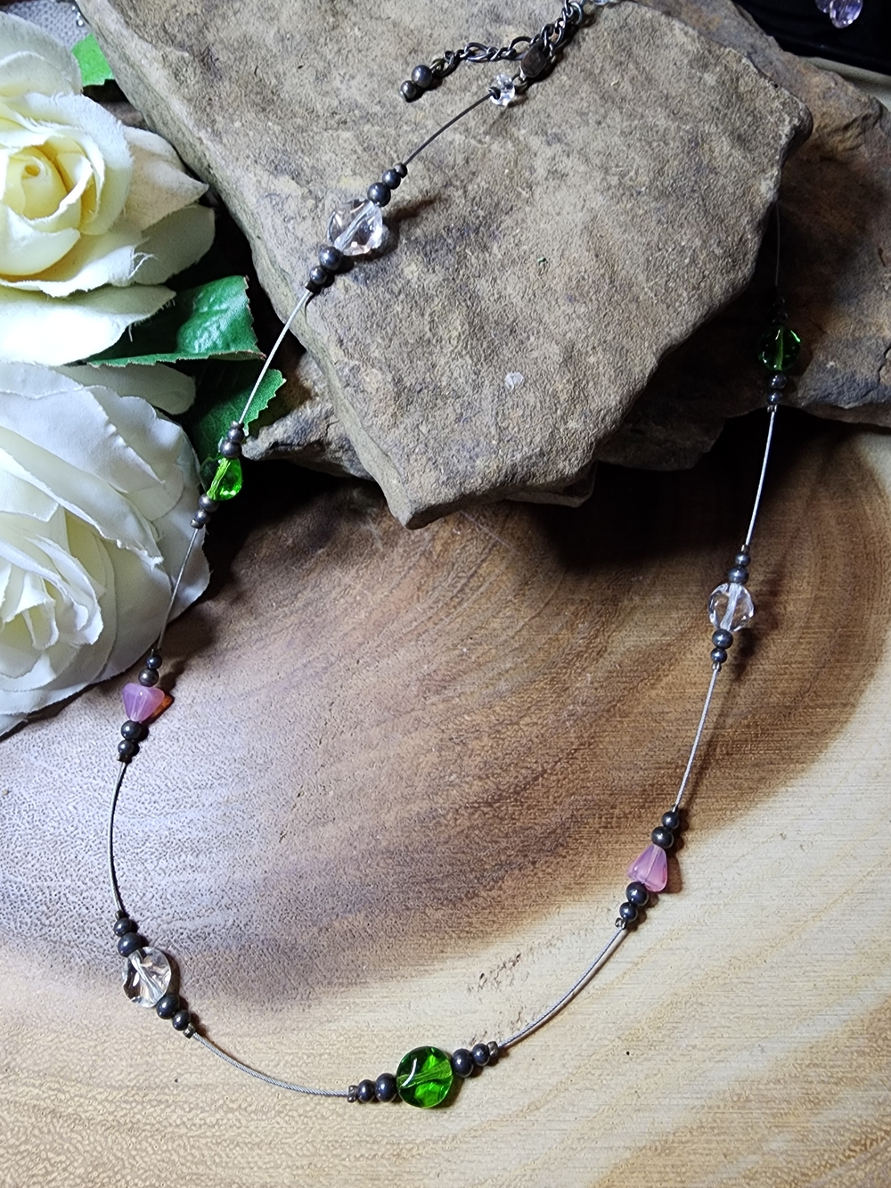 Boho Green, Pink & Clear Glass Beaded Necklace with Silver-Tone Accents